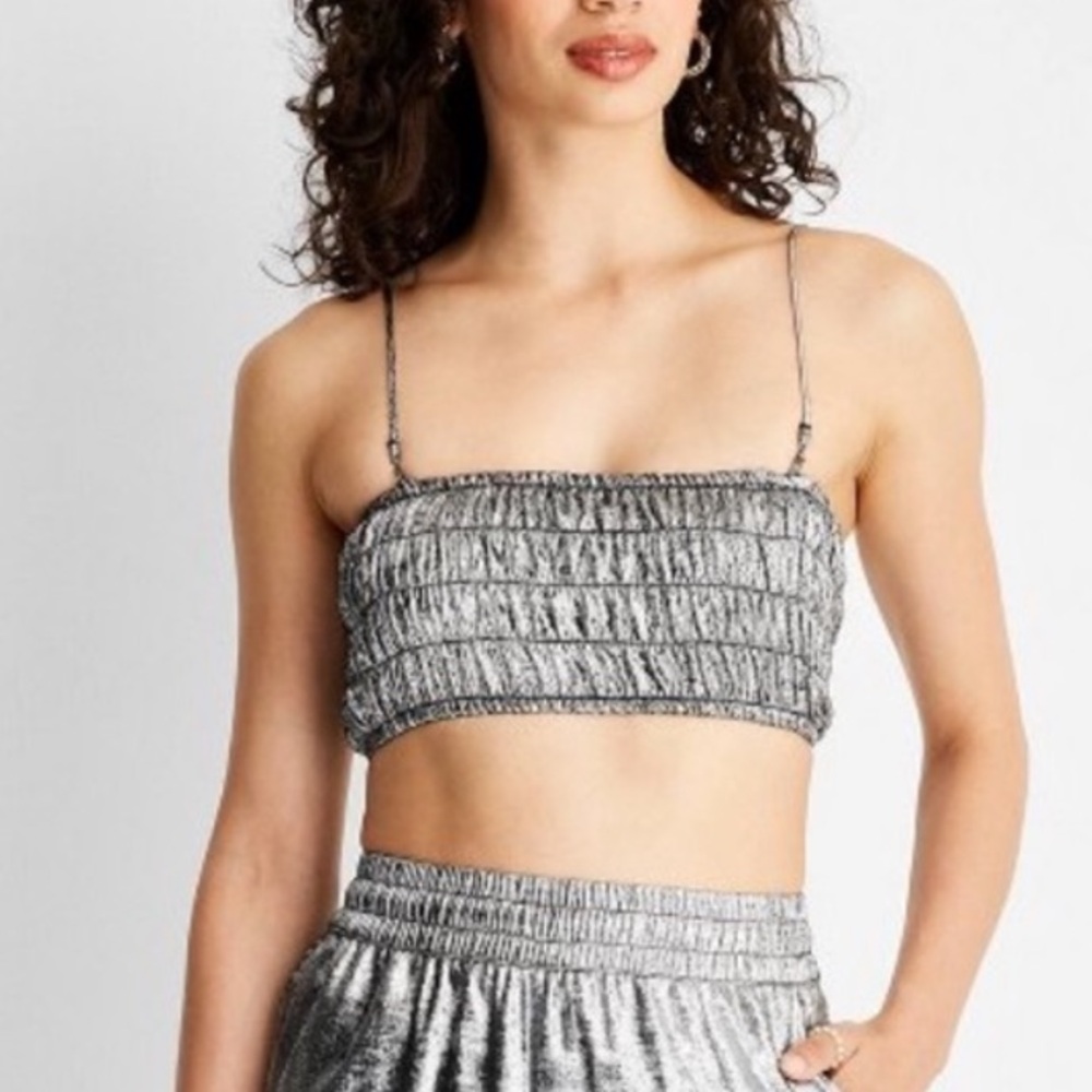 Silver Smocked Crop Top with Metallic Finish